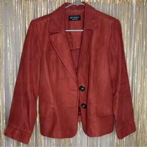 Vintage lined rust colored red faux suede blazer with big tortoiseshell buttons